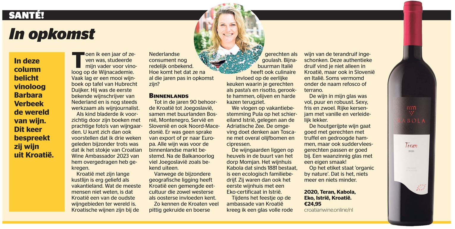 Wijncolumn Teran in de Telegraaf